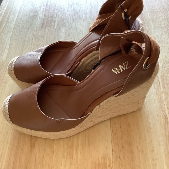 COPY - ZARA 36  USA 6 BROWN LEATHER HIGH SANDALS BOHO PLATFORM WEDGES SHOES - Picture 1 of 8